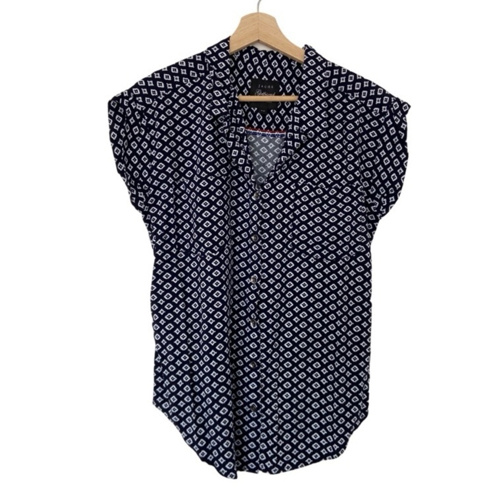 JACHS GIRLFRIEND NAVY BLUE/WHITE GEOMETRIC RELAXED BUTTON DOWN SHIRT, SIZE SMALL